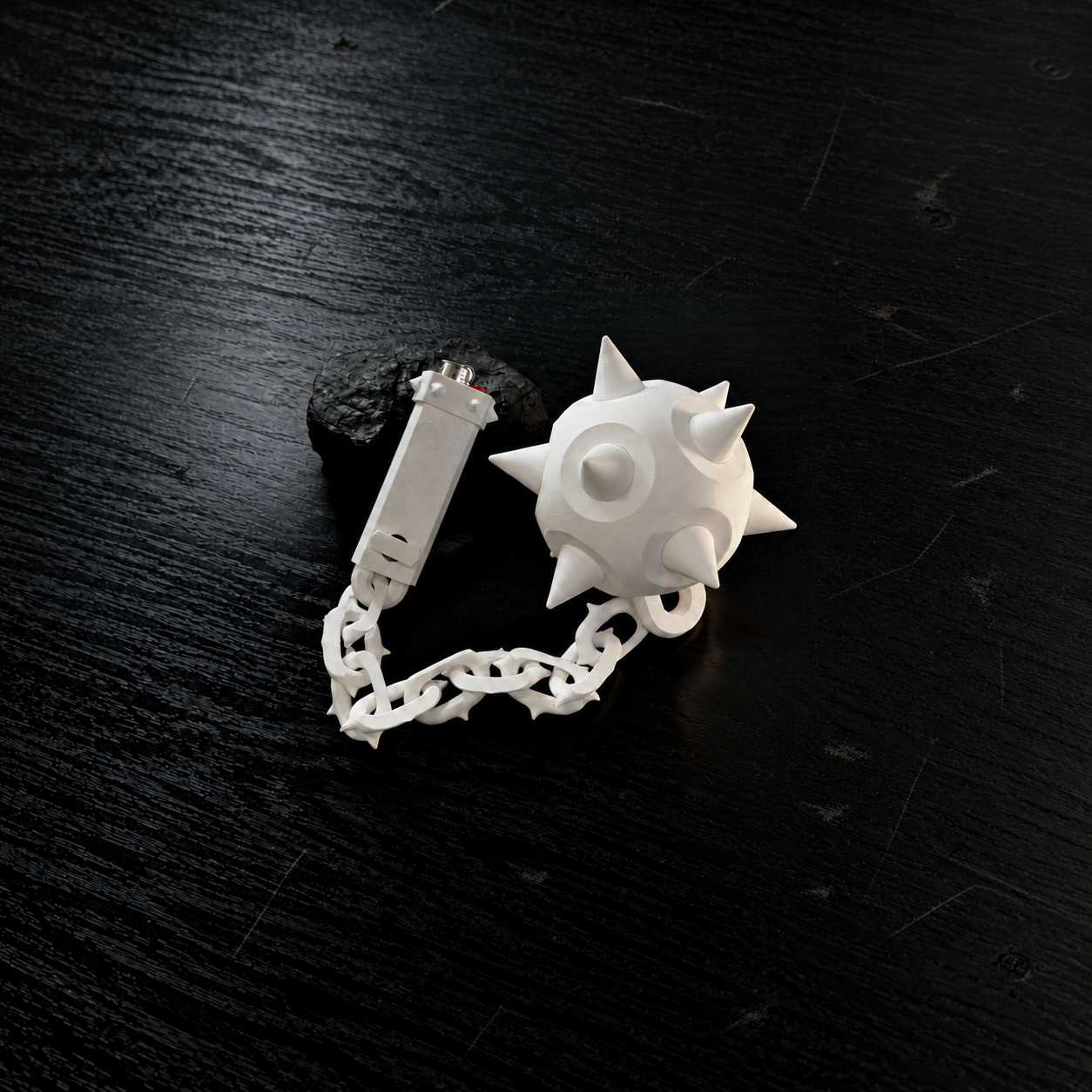 White 3D printed Mace and Chain Lighter Keeper on a dark wood surface